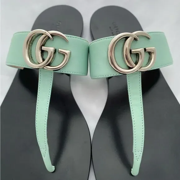 Gucci Marmont GG Thong Leather Water Green EU 37.5 US 7.5 Flip Flop Flat Sandals - Picture 3 of 16